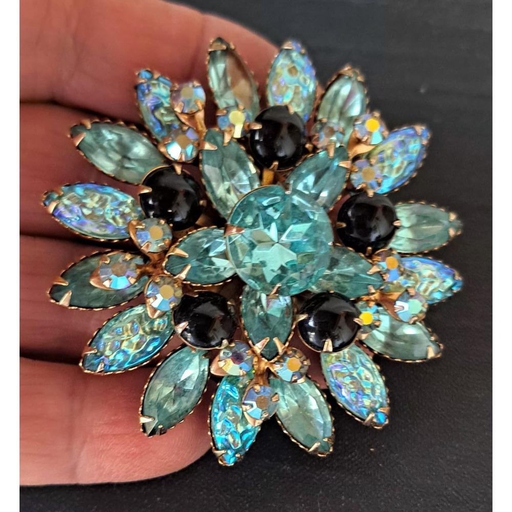 Vintage Aqua Blue Lava  Glass Rhinestone Brooch Pin BEAU JEWELS